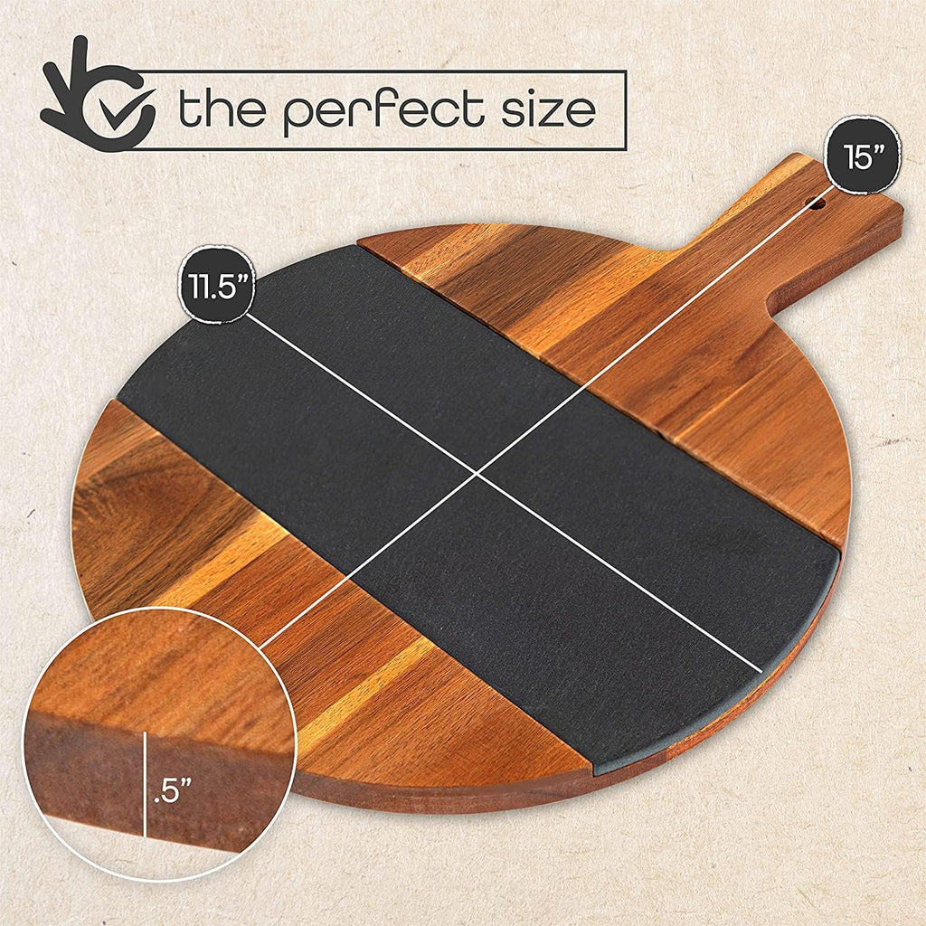 Large Round Charcuterie Board with Handle Acacia Wood Cheese Board with Slate Serving 11.5 inchesPlatter