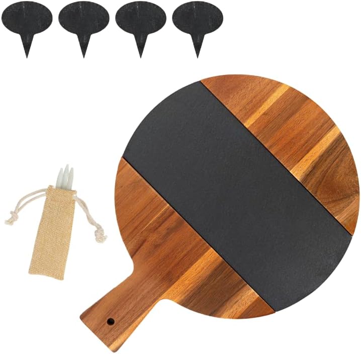 Large Round Charcuterie Board with Handle Acacia Wood Cheese Board with Slate Serving 11.5 inchesPlatter