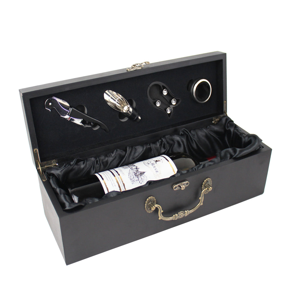 Black Wooden Wine Box With Tools - Corkscrew, Stopper, Spill Collar, Pourer and Plastic Foil Cutter Included