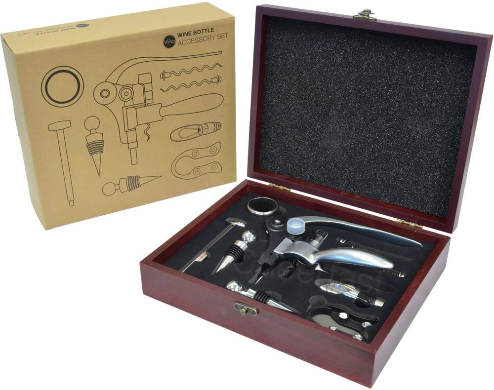 Storagemate 10 Piece Wine  Bottle Opener Gift Set In an Elegant Mahogany Wood Box