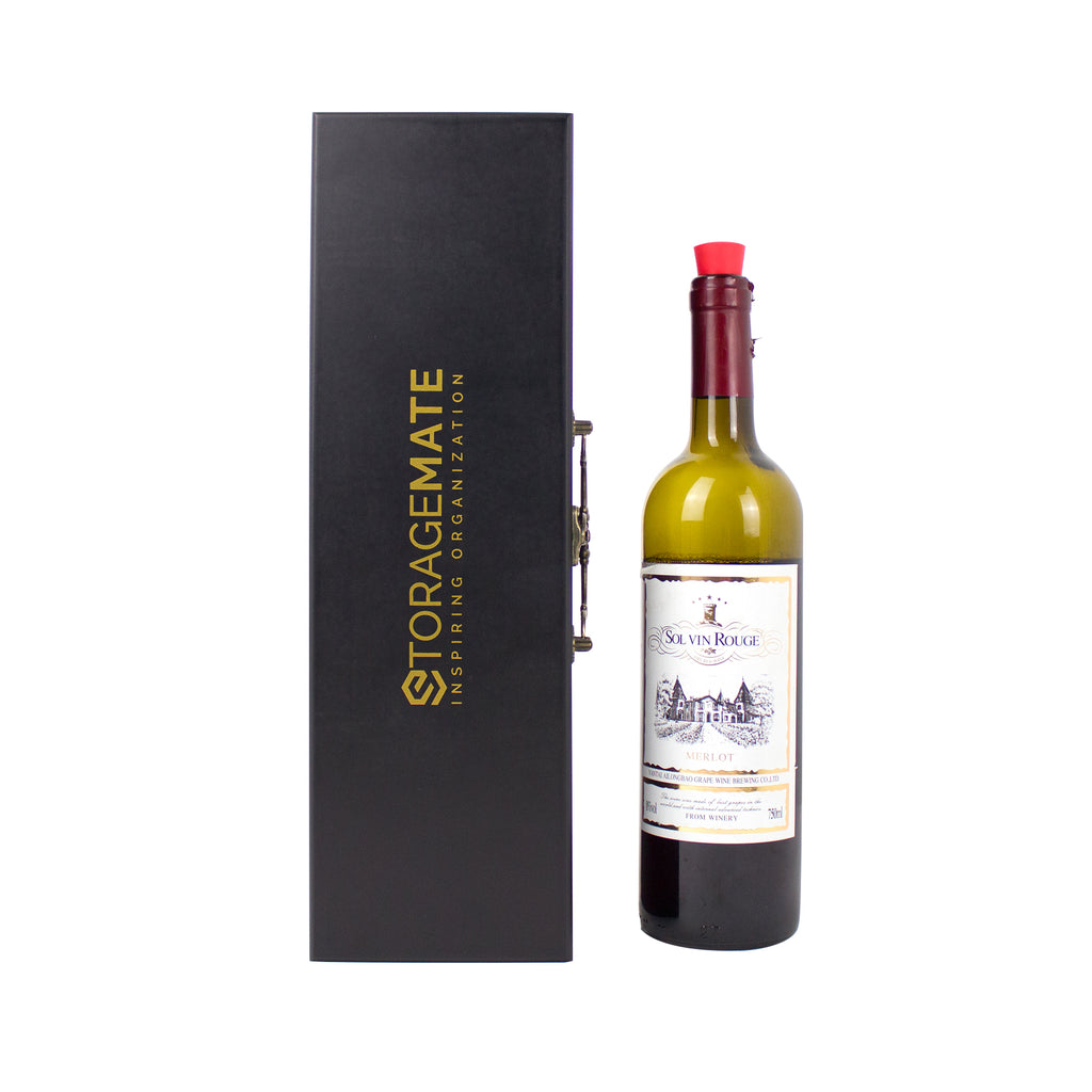 Black Wooden Wine Box With Tools - Corkscrew, Stopper, Spill Collar, Pourer and Plastic Foil Cutter Included