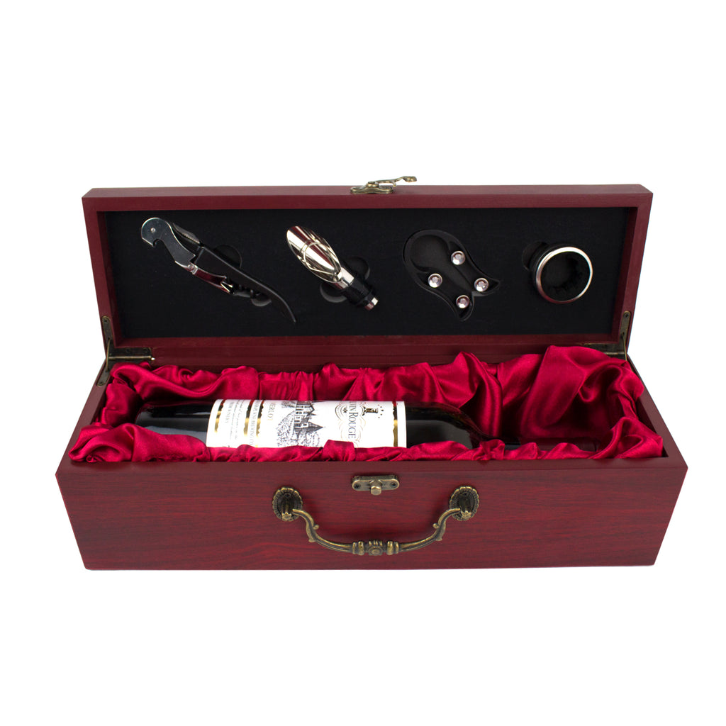 StorageMate Elegant Single Wooden Wine Box With  - Corkscrew wine opener , Stopper, Spill Collar, Pourer and Plastic Foil Cutter Included