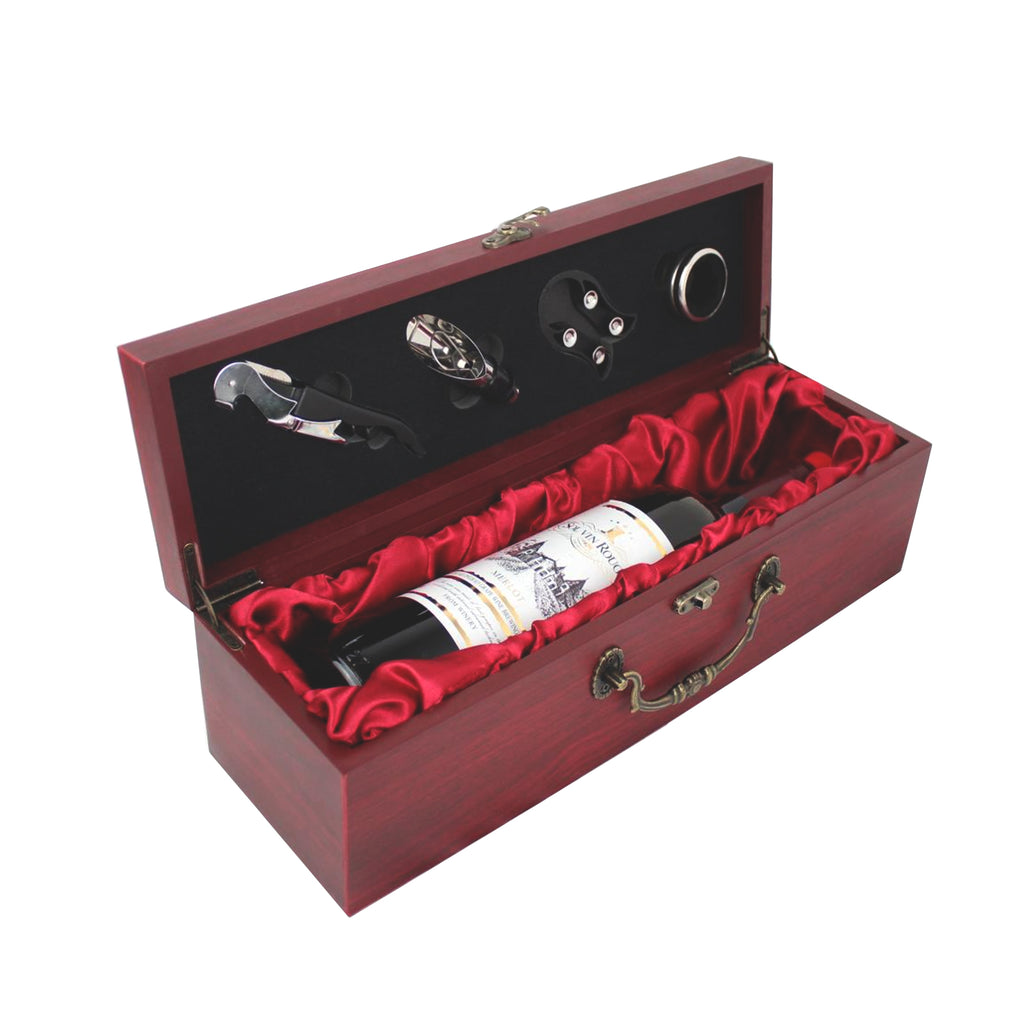 StorageMate Elegant Single Wooden Wine Box With  - Corkscrew wine opener , Stopper, Spill Collar, Pourer and Plastic Foil Cutter Included