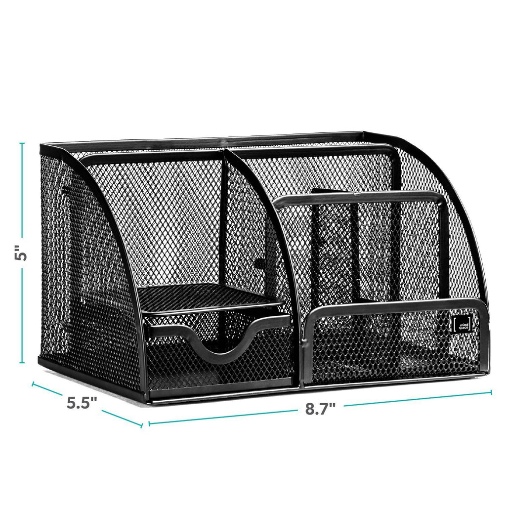 Classic Black Office Supplies Desk Organizer Caddy, 6 Compartments, Drawer, Pen Holder, Memo Holder & File Holder