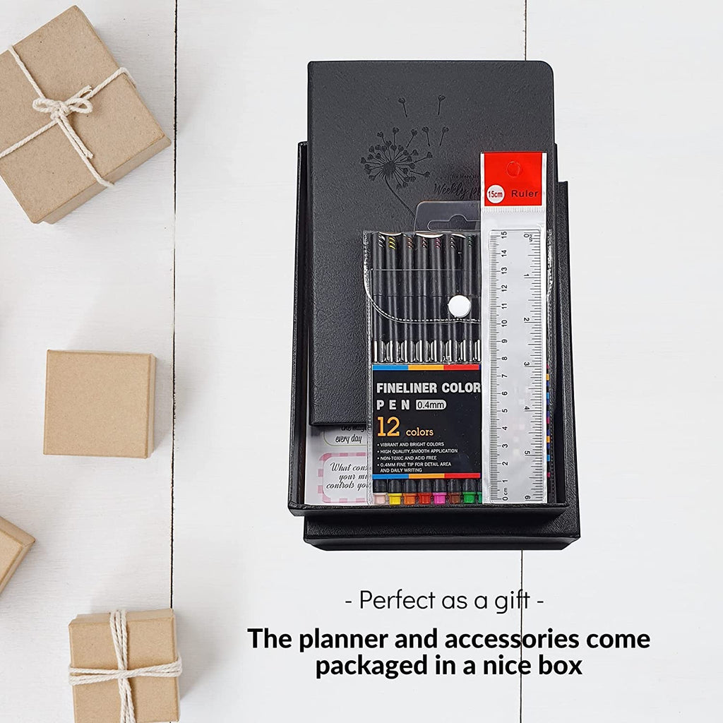 Daily & Weekly Undated Planner, Kit with Fineliner Colored Pens, Ruler and Sticker Sheets, Calendar, Goals and To Do List, Dotted Pages