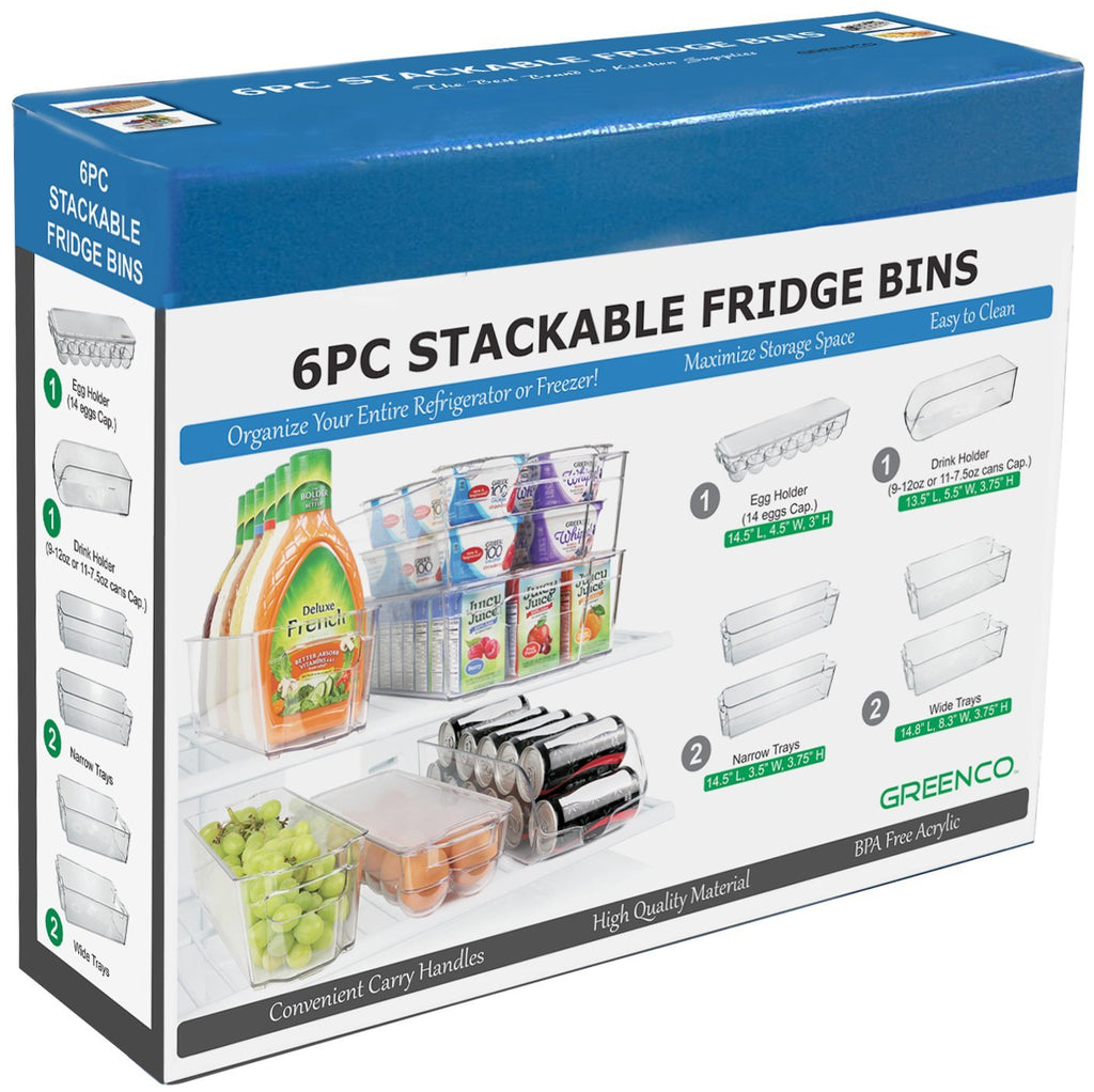 Kitchenmate Fridge Organizers Set of 10-Stackable Refrigerator Bins, Set Includes 6 Food containers and 4 precut Shelf Liners , Clear
