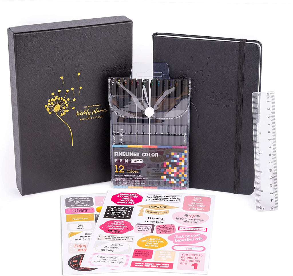 Daily & Weekly Undated Planner, Kit with Fineliner Colored Pens, Ruler and Sticker Sheets, Calendar, Goals and To Do List, Dotted Pages