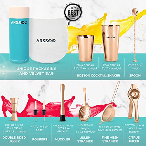 Bartender Kit 11-Piece Stainless Steel Cocktail Shaker Set, 27/20 OZ Weighted Boston Shakers, Lemon Squeezer, Strainer (Julep, Mesh) (Rose Gold)