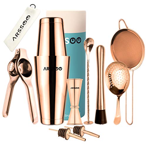 Bartender Kit 11-Piece Stainless Steel Cocktail Shaker Set, 27/20 OZ Weighted Boston Shakers, Lemon Squeezer, Strainer (Julep, Mesh) (Rose Gold)