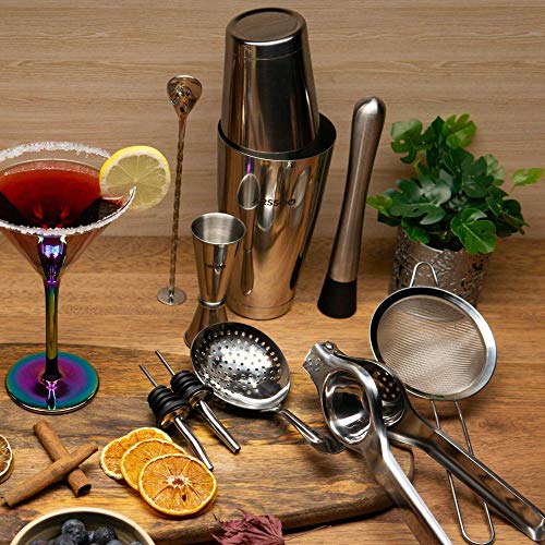 Bartender Kit 11-Piece Stainless Steel Cocktail Shaker Set 27/20 OZ  Weighted Boston Shakers, Lemon Squeezer & Strainer (Julep, Mesh) (Silver)