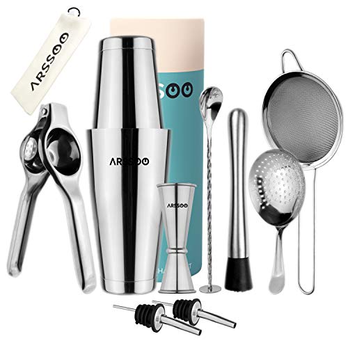 Bartender Kit 11-Piece Stainless Steel Cocktail Shaker Set  27/20 OZ Weighted Boston Shakers, Lemon Squeezer & Strainer (Julep, Mesh) (Silver)