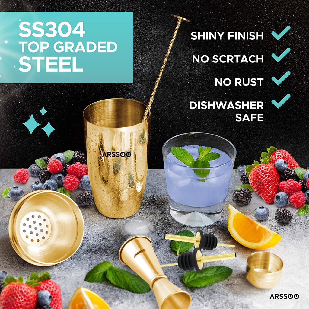 Cocktail  Gold Shaker Set: 7-Piece Stainless Steel 25.3OZ Martini Shaker Mixology Bartender Kit