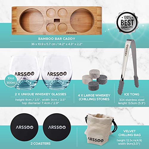 Whiskey Glass & Whiskey Stones Gift Set – 2 10Oz Scotch Bourbon Glasses, 4 Round Chilling Stones, 1 Ice Tong, 2 Coasters, Bamboo Stand & Velvet Bag