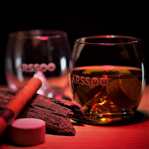 Whiskey Glass & Whiskey Stones Gift Set – 2 10Oz Scotch Bourbon Glasses, 4 Round Chilling Stones, 1 Ice Tong, 2 Coasters, Bamboo Stand & Velvet Bag