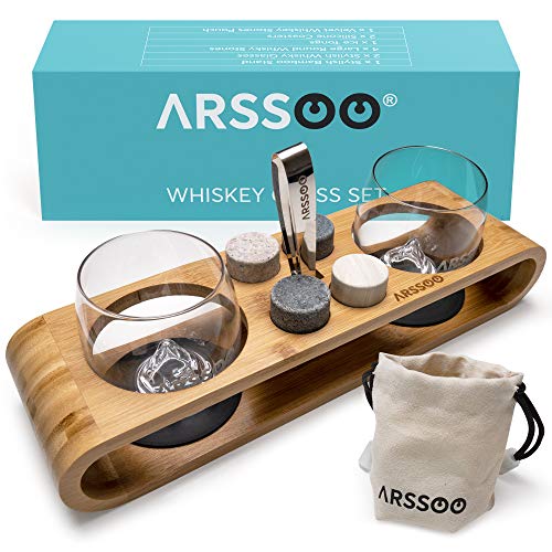 Whiskey Glass & Whiskey Stones Gift Set – 2 10Oz Scotch Bourbon Glasses, 4 Round Chilling Stones, 1 Ice Tong, 2 Coasters, Bamboo Stand & Velvet Bag