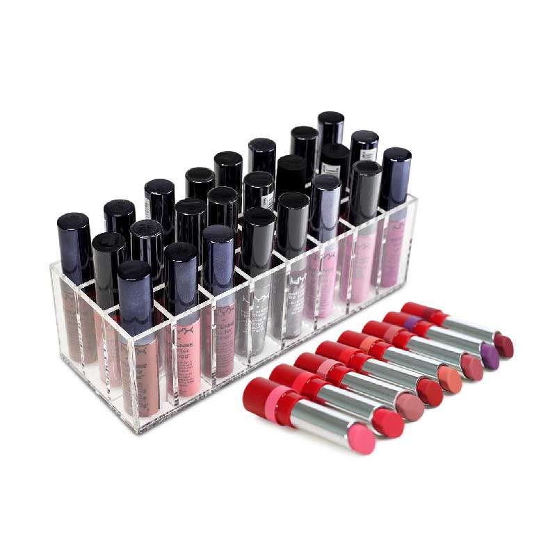ClosetMate Acrylic Lipstick Organizer, Clear Lip Gloss Makeup Holder, Strong 24 Space Cosmetic Storage Display for Brushes and Markers
