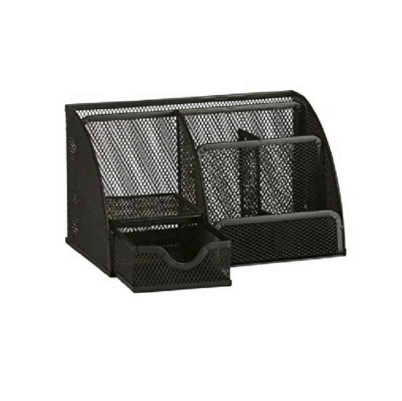 Classic Black Office Supplies Desk Organizer Caddy, 6 Compartments, Drawer, Pen Holder, Memo Holder & File Holder