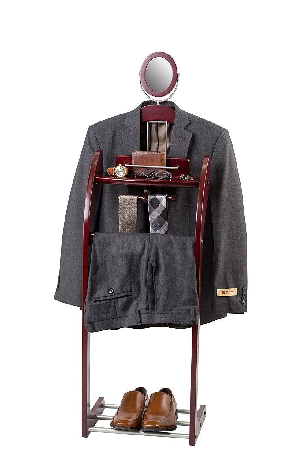 Executive Clothes Valet Stand - Beautiful Solid Hardwood Valet Clothing Hanging System with Mirror, Rack for Shoes, Tray for Cell phone and Keys