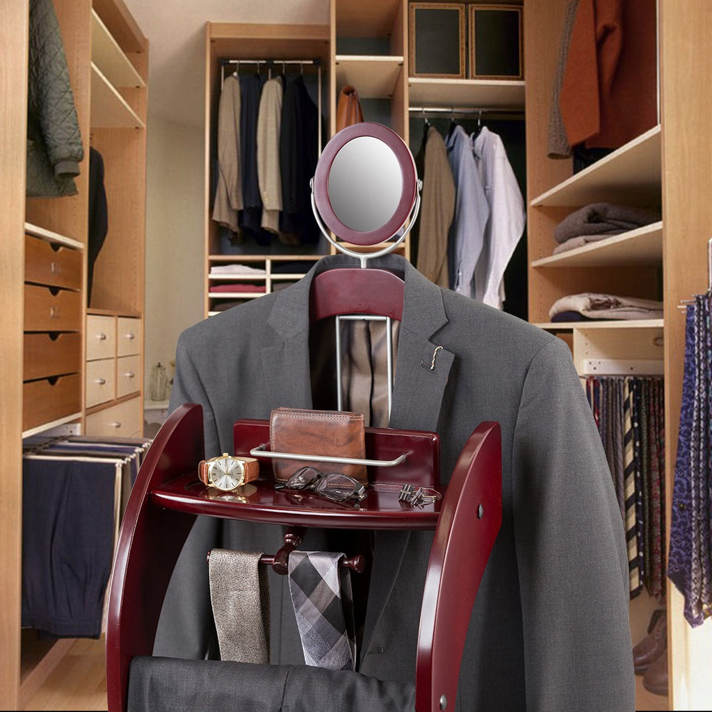 Executive Clothes Valet Stand - Beautiful Solid Hardwood Valet Clothing Hanging System with Mirror, Rack for Shoes, Tray for Cell phone and Keys