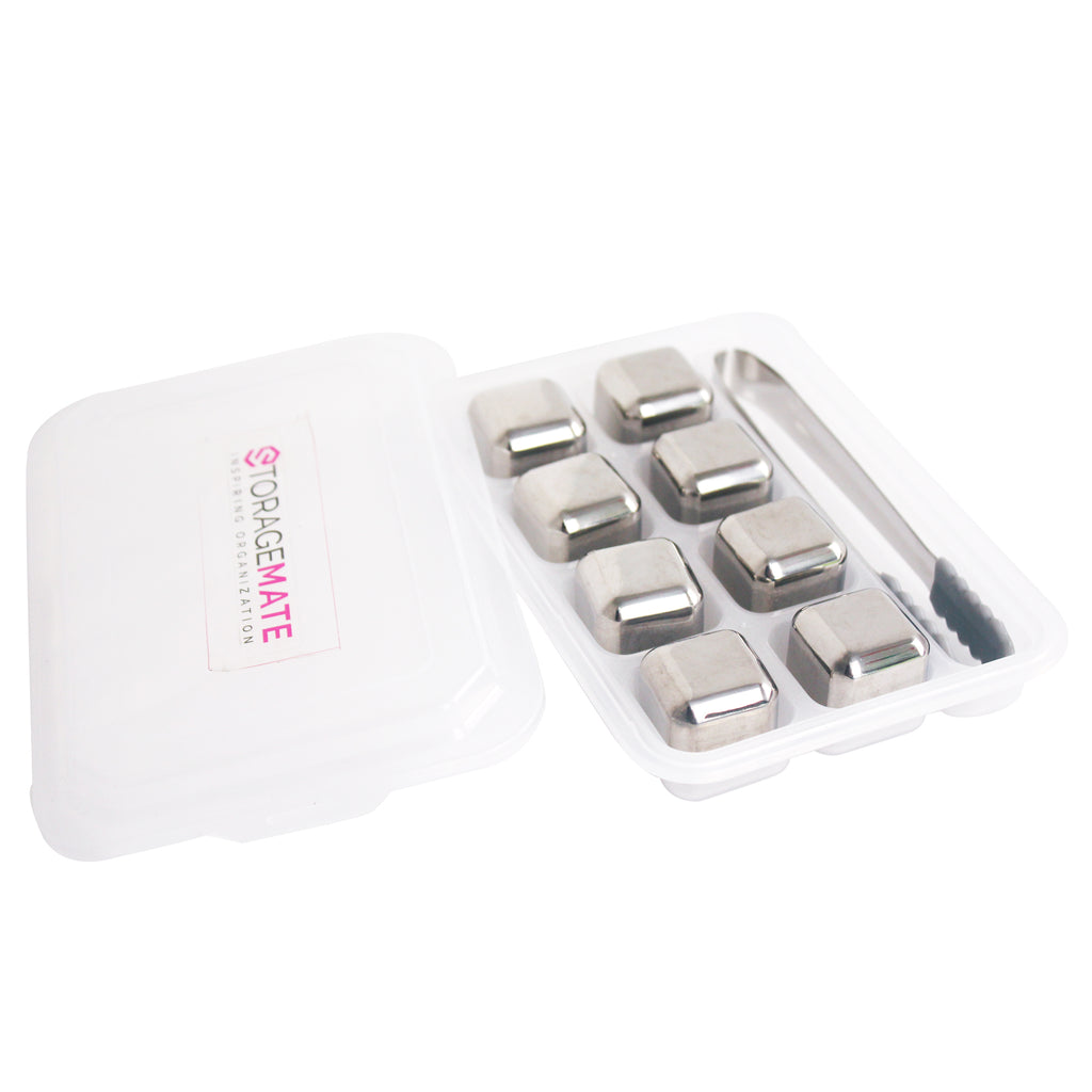 Stainless Steel Ice Cubes Set of 8 - Tongs With Rubber and Storage Case Included - Reusable Chillers
