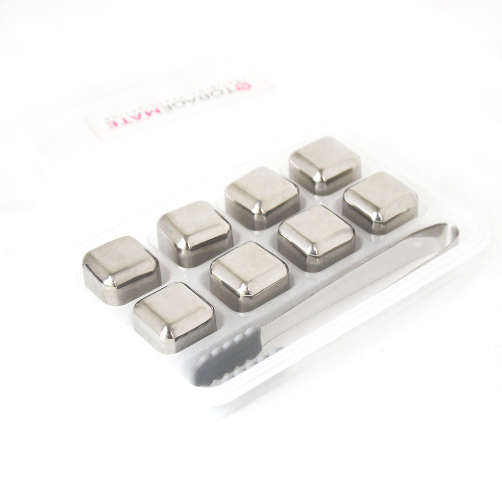 Stainless Steel Ice Cubes Set of 8 - Tongs With Rubber and Storage Case Included - Reusable Chillers