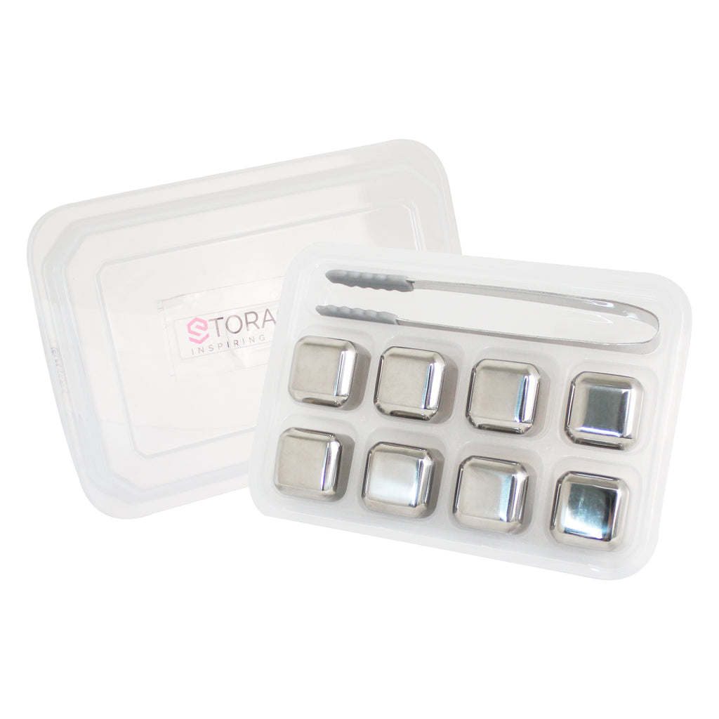 Stainless Steel Ice Cubes Set of 8 - Tongs With Rubber and Storage Case Included - Reusable Chillers