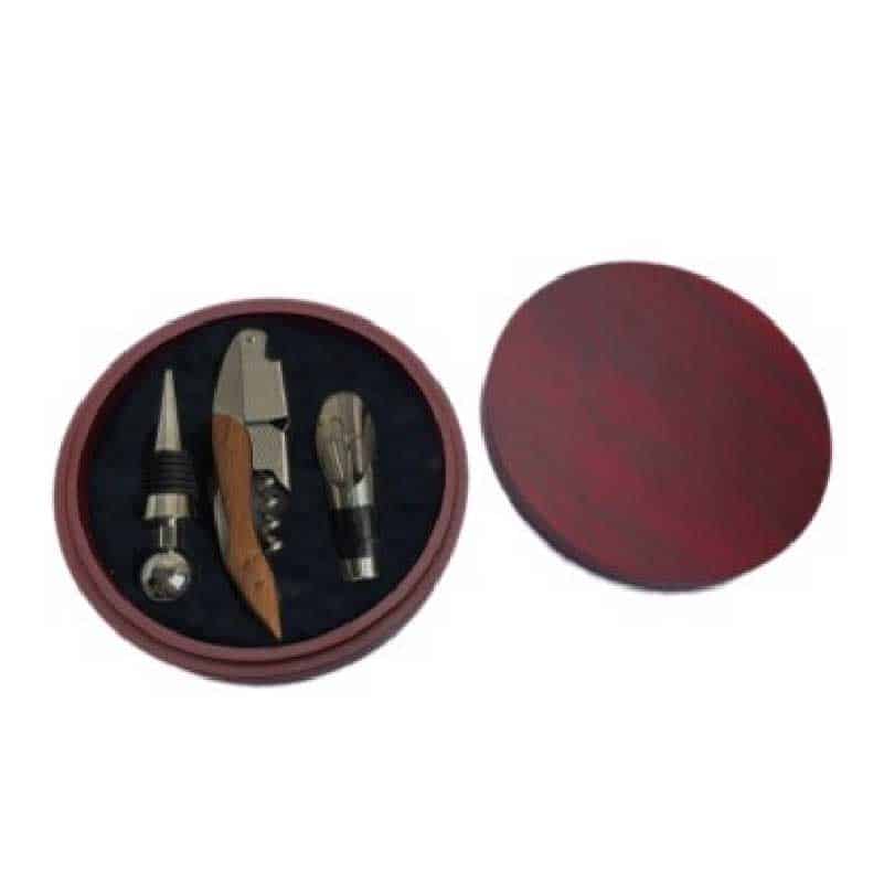 StorageMate Round Wine Gift Set in an Elegant Wood Case - Rosewood Corkscrew Wine Opener, Foil Cutter, Wine Stopper, Wine Pourer