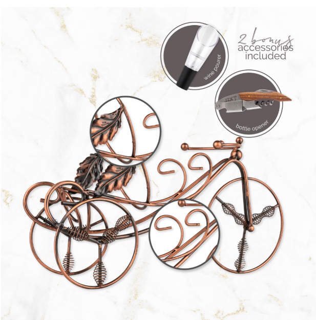 Storagemate Bicycle Wine Bottle Holder With Rosewood Wine bottle opener and Aerator/Pourer (bronze)