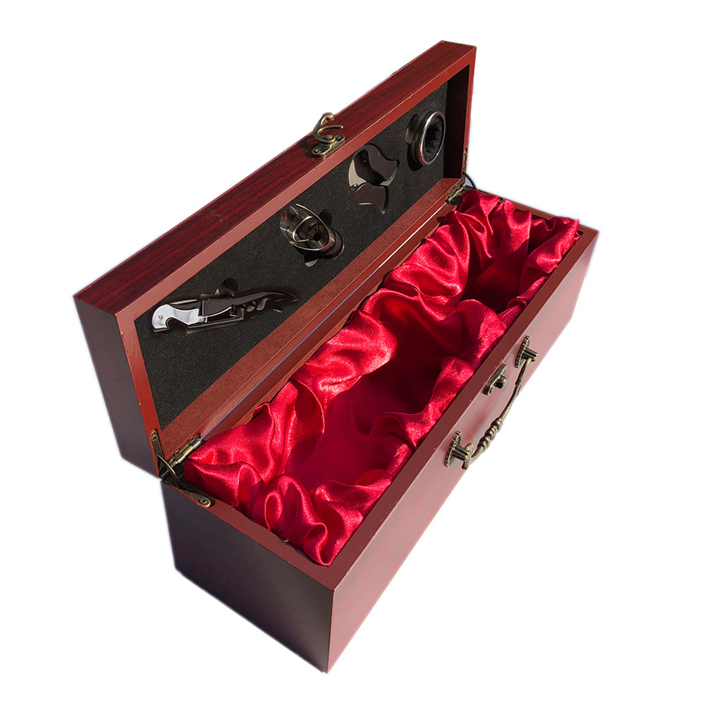 StorageMate Elegant Single Wooden Wine Box With  - Corkscrew wine opener , Stopper, Spill Collar, Pourer and Plastic Foil Cutter Included