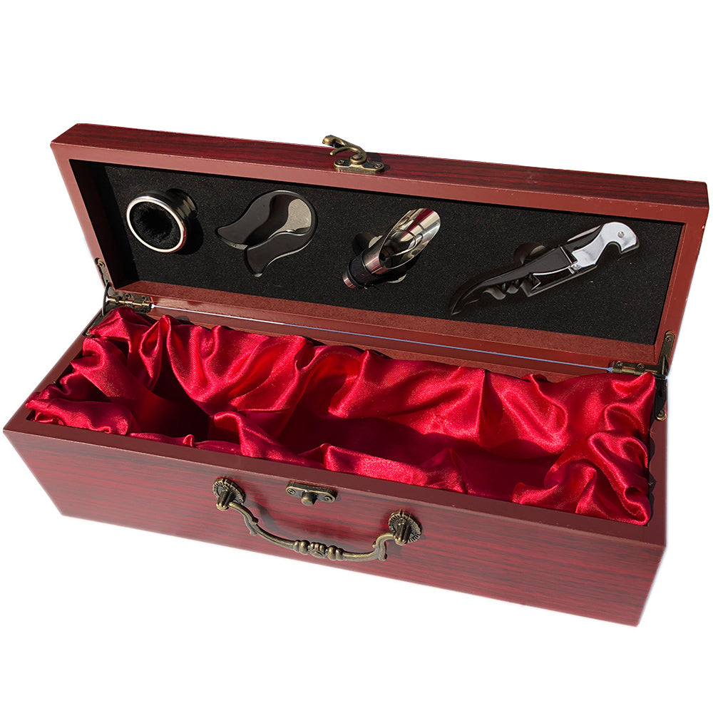 StorageMate Elegant Single Wooden Wine Box With  - Corkscrew wine opener , Stopper, Spill Collar, Pourer and Plastic Foil Cutter Included
