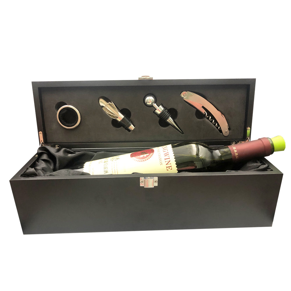 Black Wooden Wine Box With Tools - Corkscrew, Stopper, Spill Collar, Pourer and Plastic Foil Cutter Included