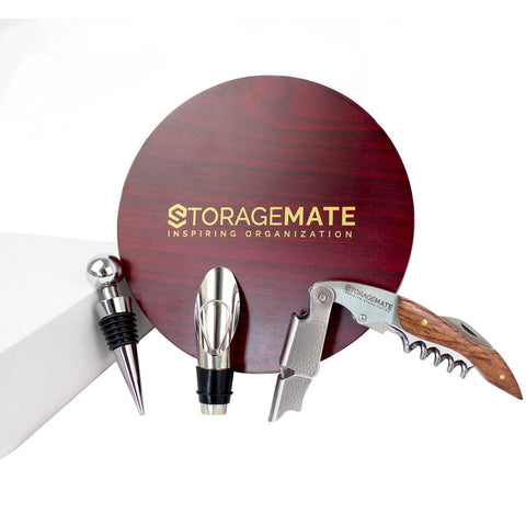 StorageMate Round Wine Gift Set in an Elegant Wood Case - Rosewood Corkscrew Wine Opener, Foil Cutter, Wine Stopper, Wine Pourer