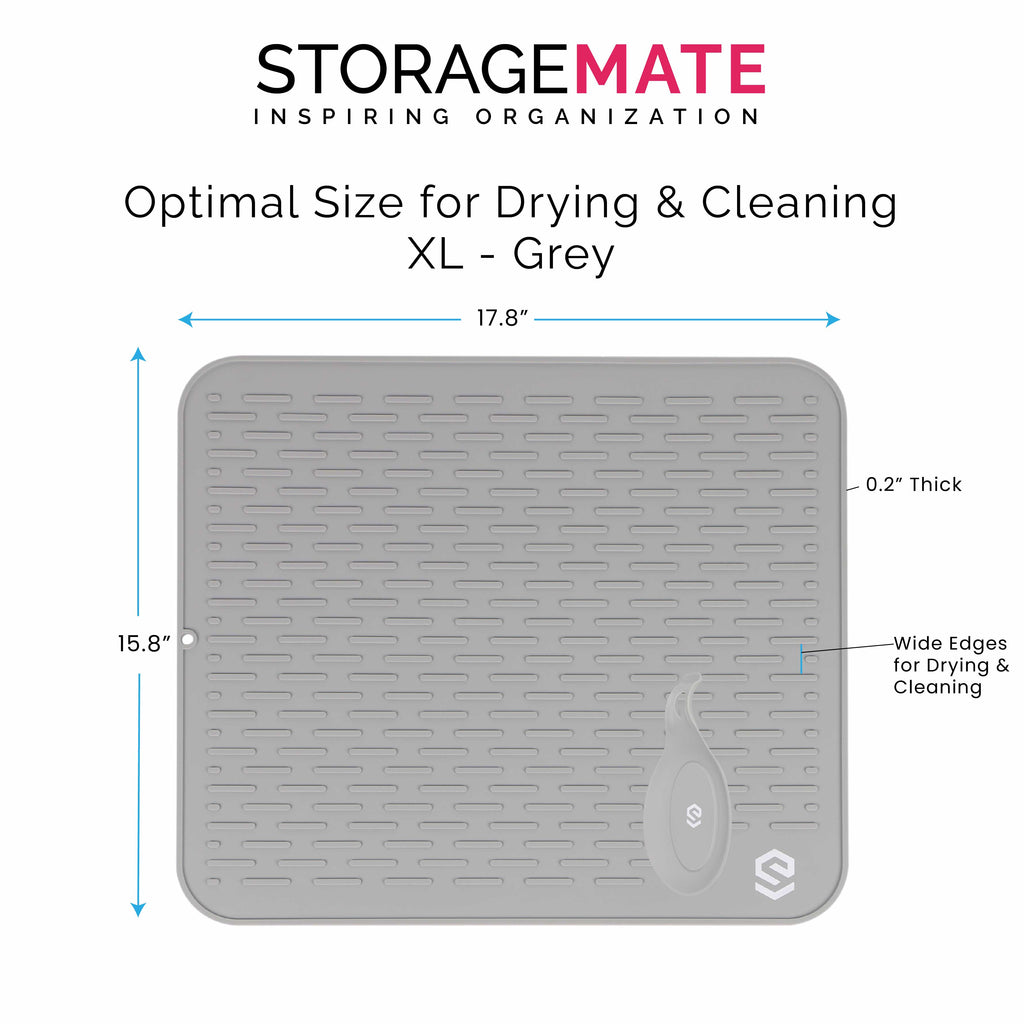 Silicone Drying Mat with Spoon Rest & Storage Band for Easy-Storage, Easy-Clean (XL Grey 17.8 x 15.8  inches)