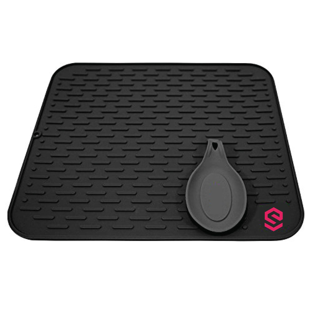 Silicone Drying Mat with Spoon Rest & Storage Band for Easy-Storage, Easy-Clean (XL Black 17.8 x 15.8  inches)