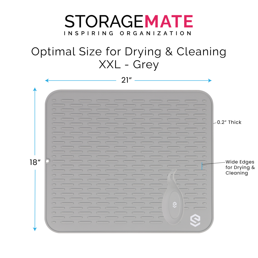 Silicone Drying Mat with Spoon Rest & Storage Band for Easy-Storage, Easy-Clean (XL Grey 17.8 x 15.8  inches)