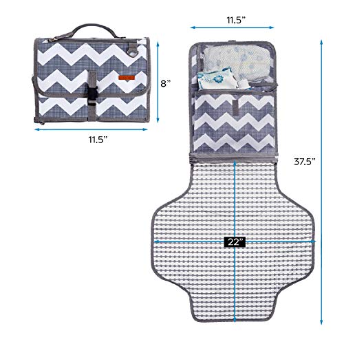 Baby Portable Diaper Changing Pad, Waterproof Travel Changing Mat Station, Built -in Padded Head Rest, Includes Mesh Pockets for Diapers and Wipes