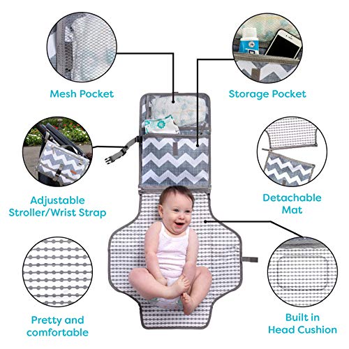 Baby Portable Diaper Changing Pad, Waterproof Travel Changing Mat Station, Built -in Padded Head Rest, Includes Mesh Pockets for Diapers and Wipes