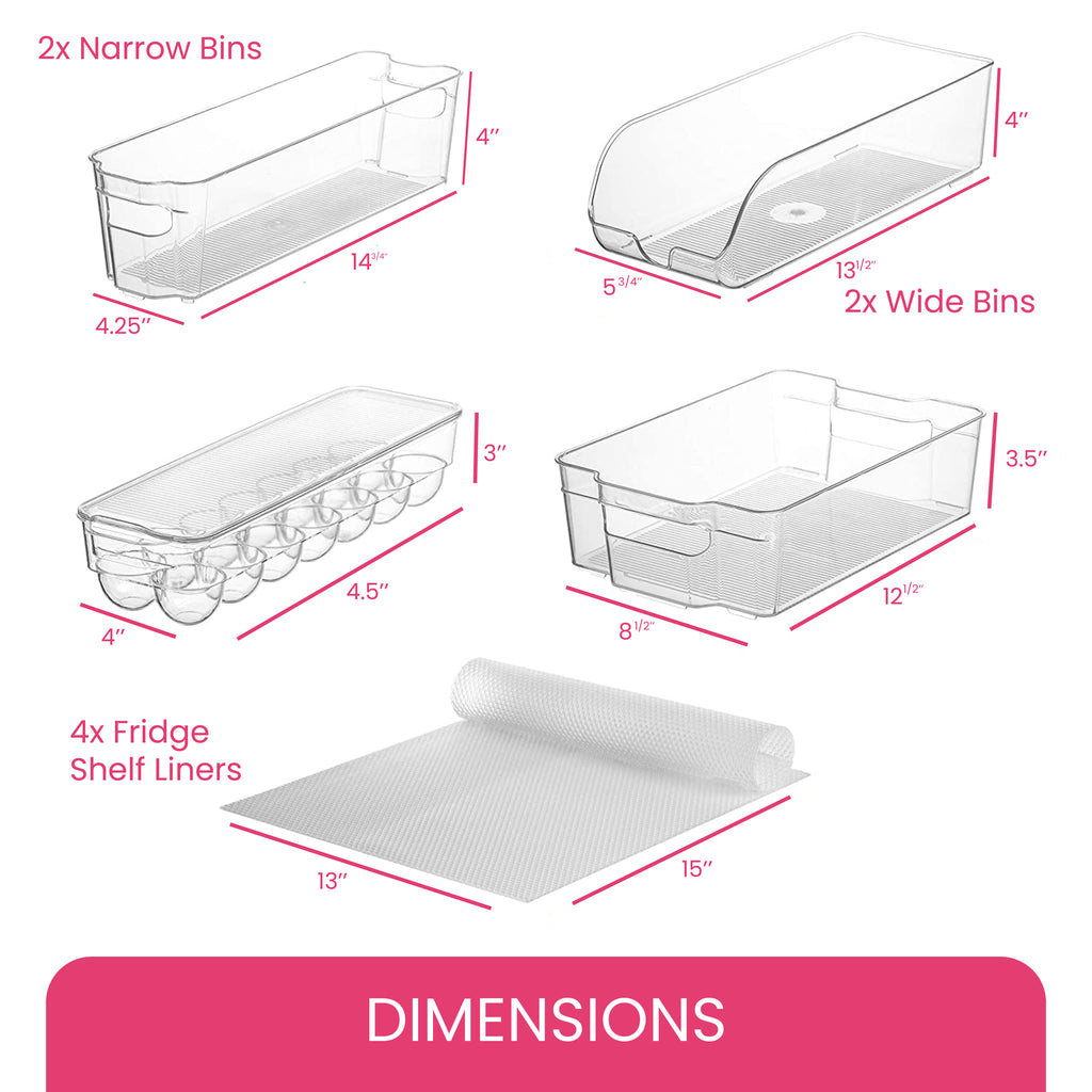 Fridge Organizers Set of 10-Stackable Refrigerator Bins, Set Includes 6 Food containers and 4 precut Shelf Liners , Clear