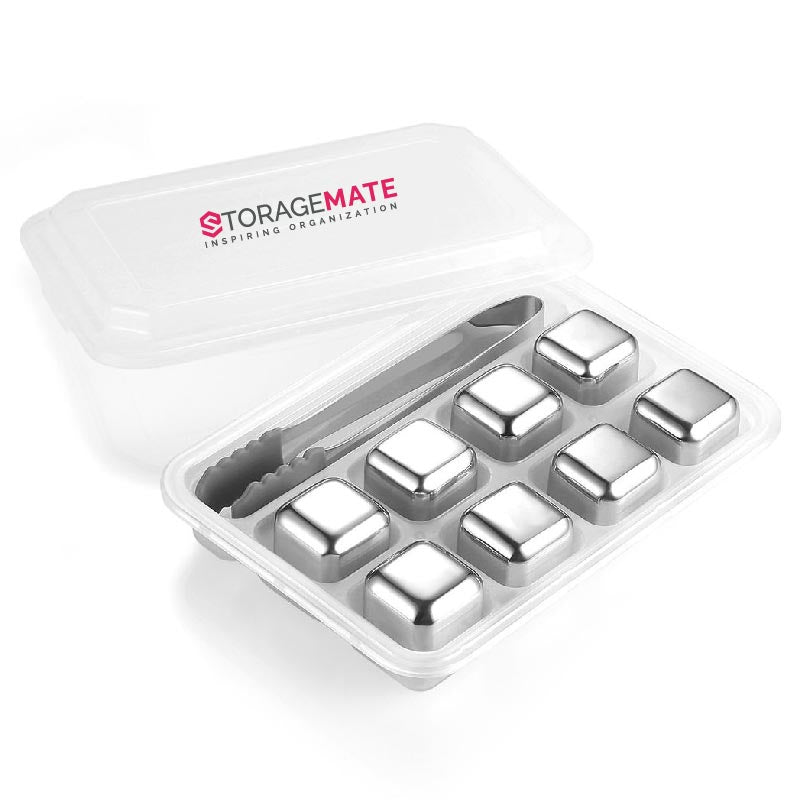 Stainless Steel Ice Cubes Set of 8 - Tongs With Rubber and Storage Case Included - Reusable Chillers