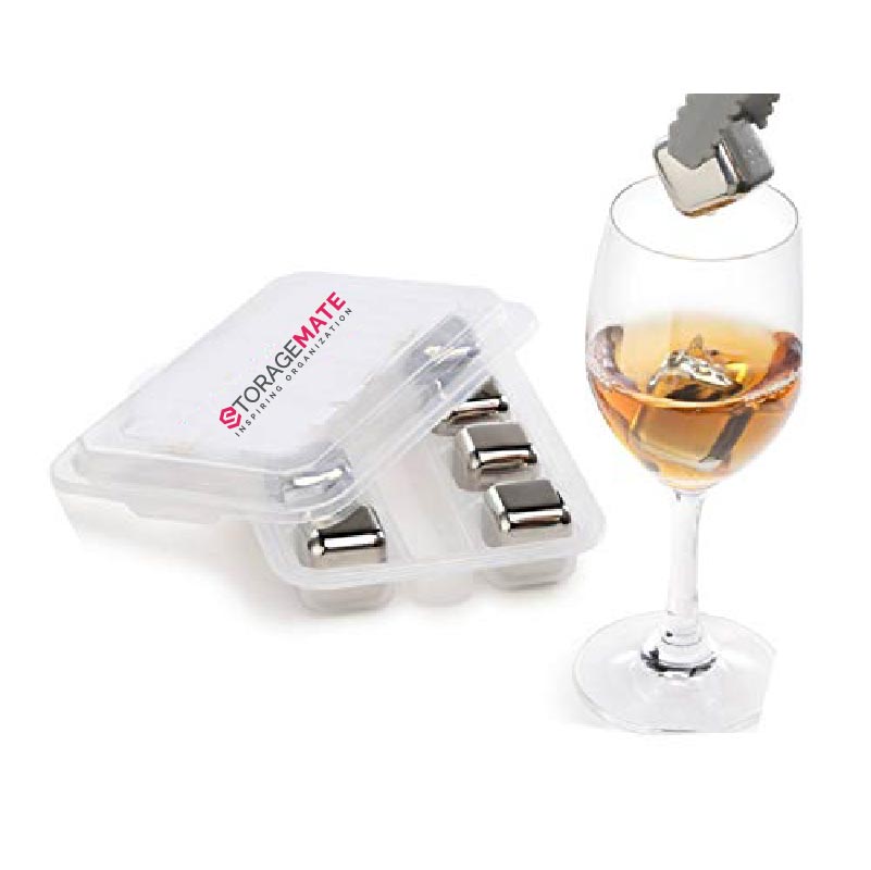 Stainless Steel Ice Cubes Set of 8 - Tongs With Rubber and Storage Case Included - Reusable Chillers